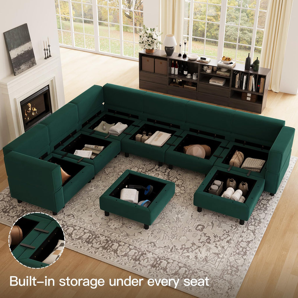 Modular Sectional Sofa with Storage Seat Oversized U Shaped Couch with Reversible Chaise Sofa Set with Ottoman Green