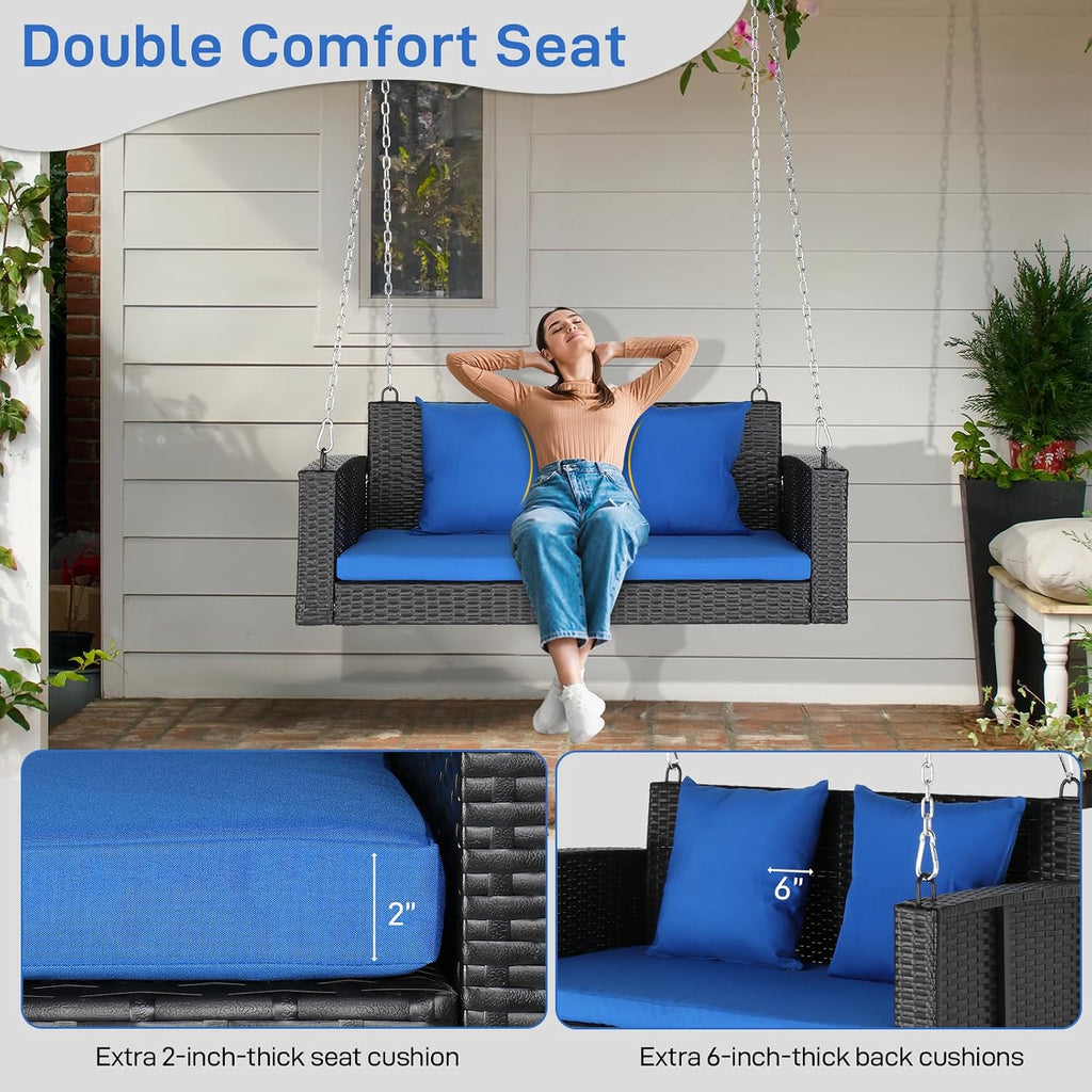 Wicker 2-Person Hanging Porch Swing Outdoor with Blue Cushion | Sturdy hanging bench swing holds up to 800 lbs