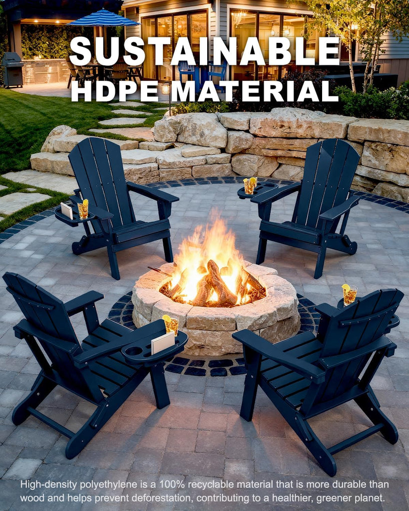 Folding Adirondack Chairs Set of 2 with Cup Holder, HDPE, Navy Blue | Fire Pit Chair with Multifunctional Cup Holder