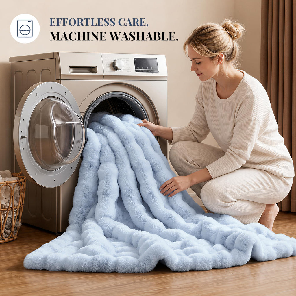 Fluffy Faux Rabbit Fur Bubble Comforter - Light Blue