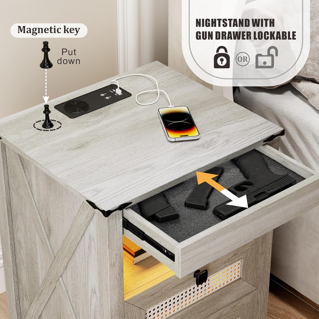 LED Bedside Table Set of 2 with Charging Station | Night Stand with Gun Drawers, LED Human Sensor Light, Farmhouse