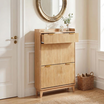 Wood Fluted Shoe Organizer - Slim Shoe Cabinet with 2 Flip Drawers & 1 Drawer, Narrow Shoe Cabinet with Adjustable