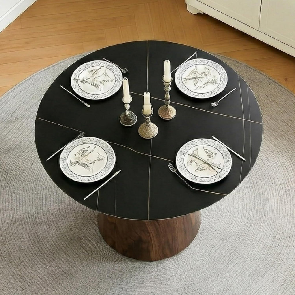 Faux Marble Round Dining Table for 4/5/6, 42" Modern Round Kitchen Table with Black Sintered Stone Top and Walnut