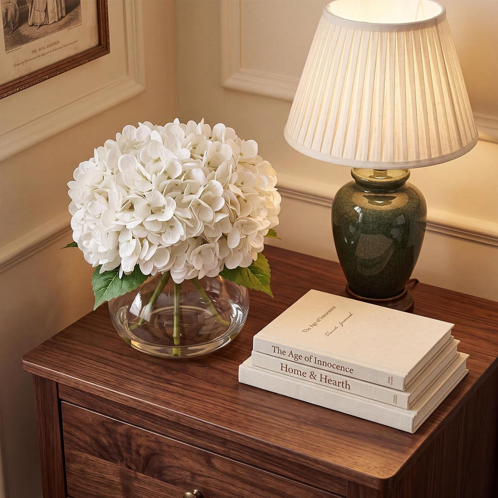 Real Touch Artificial Hydrangea in Vase,Premium Faux Flowers with Faux Water Decoration,Coffee,Table,Wedding,White