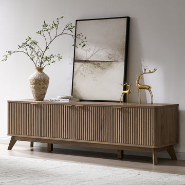 70" Mid Century Modern Fluted TV Stand, 4-Door Storage, Alder Grey