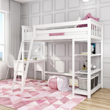 High Loft Bed, Twin Bed Frame for Kids With Bookcase and Desk, White