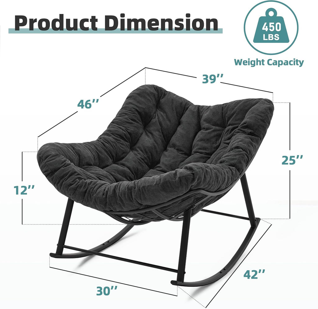 Oversized Papasan Rocking Chair with Cushion, Indoor Outdoor, Dark Grey | Lounge Chair with Cushion, Patio Egg Rocker