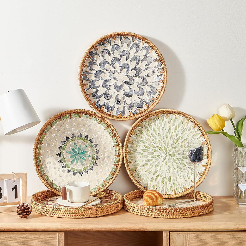 Round Rattan Tray with Mother of Pearl Inlay, Rattan Serving Tray with Wooden Base, Decorative Wicker Basket for