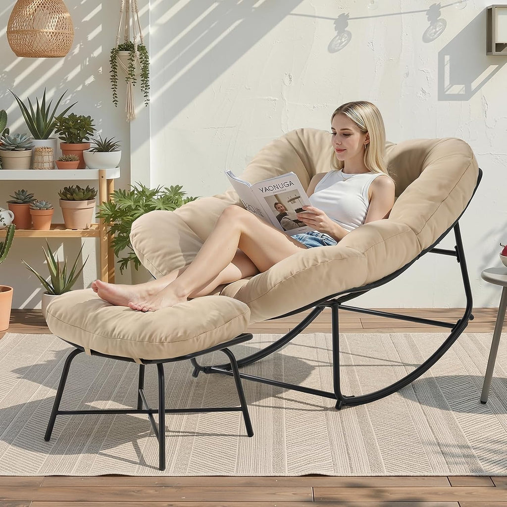 Outdoor Rocking Chairs with Ottoman, Papasan Rocking Chair, Beige | Oversized Lounge Rocker with Padded Cushions