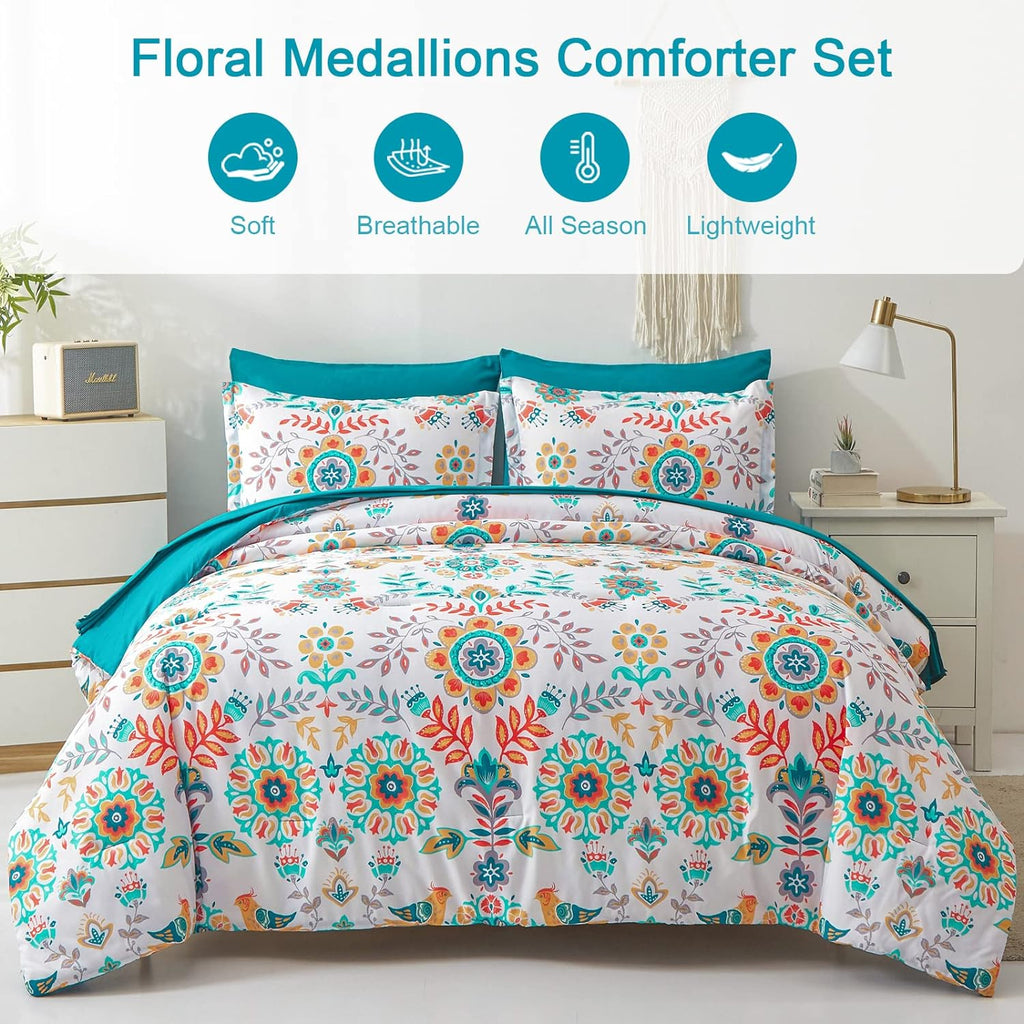 Boho Comforter Set - 7 Pieces Bed in a Bag Floral Medallions Design, Bohemian Comforter Set with Sheets