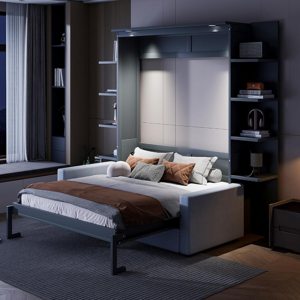 Murphy Bed, Queen Wooden Wall Bed with Sofa for Bedroom, Wood Slat Support, No Box Spring Needed, Easy Assembly, Grey