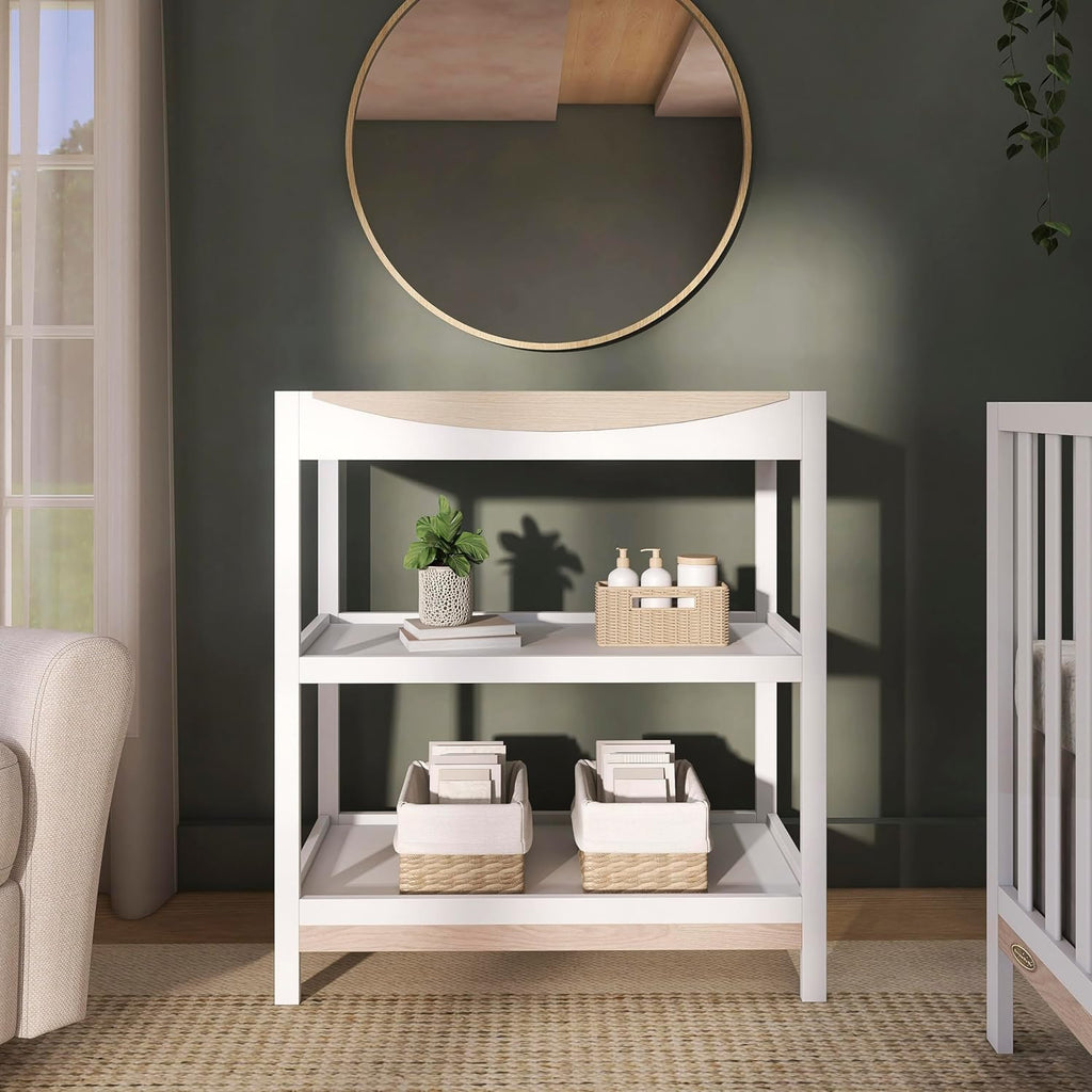 Baby Changing Table - Compact Modern Changing Station with 2 Open Shelves, New Zealand Pinewood