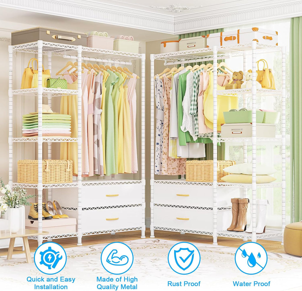F3 Heavy Duty Clothes Rack(With Fabric Drawers)Freestanding Clothing Racks for Hanging Clothes,Adjustable Closet