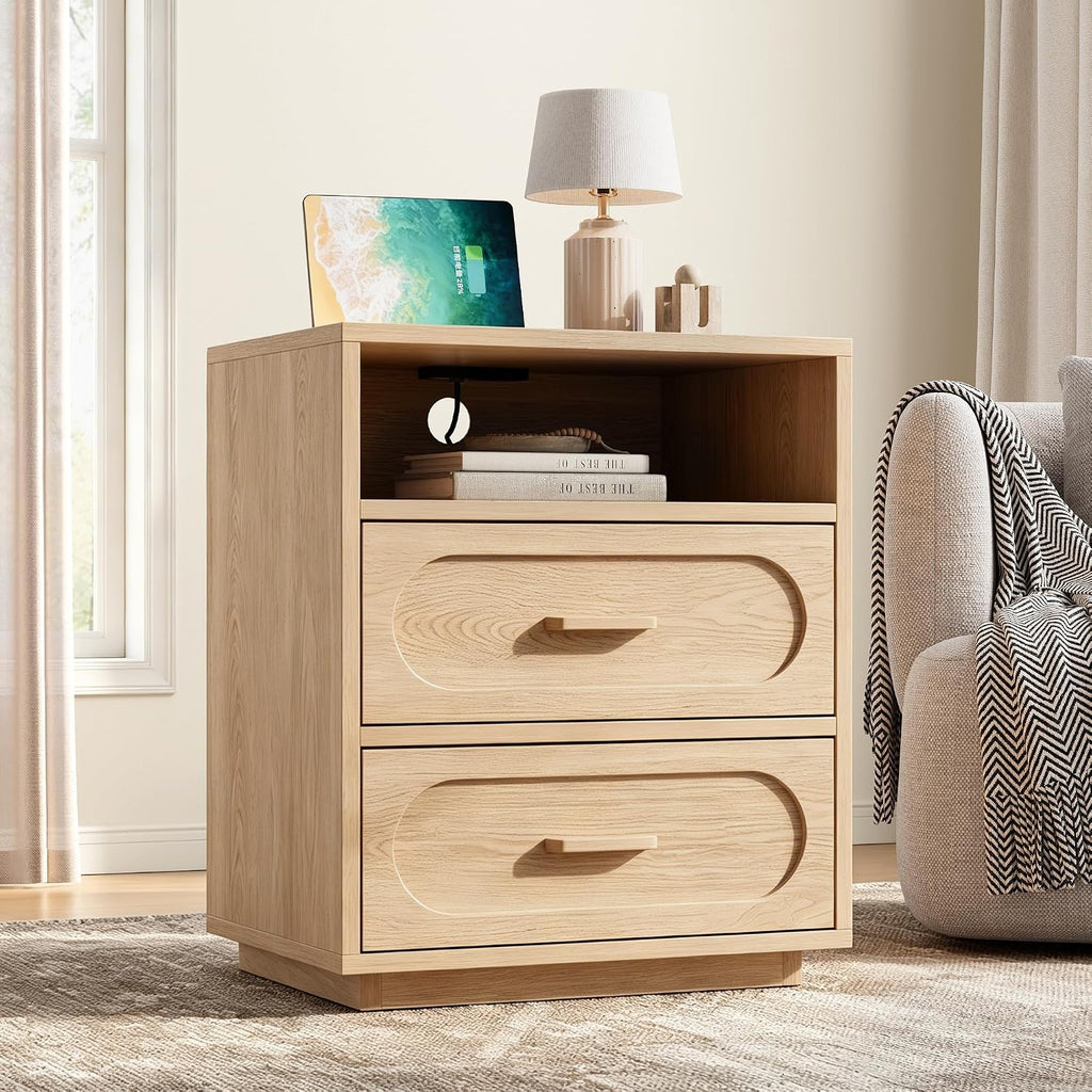 Nightstand with Charging Station, Modern End Table with 2 Drawers Storage, Space-Saving Wood Storage Cabinet with