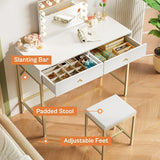 35.4" White and Gold Desk with 2 Drawers, Modern Makeup Vanity with Padded Stool