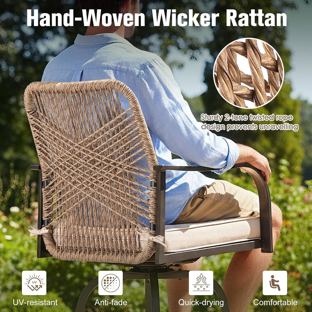 Outdoor Bar Stools Set of 4, 360° Swivel Metal Frame, Wicker Patio Bar Height Stools with Cushion, All-Weather Rattan