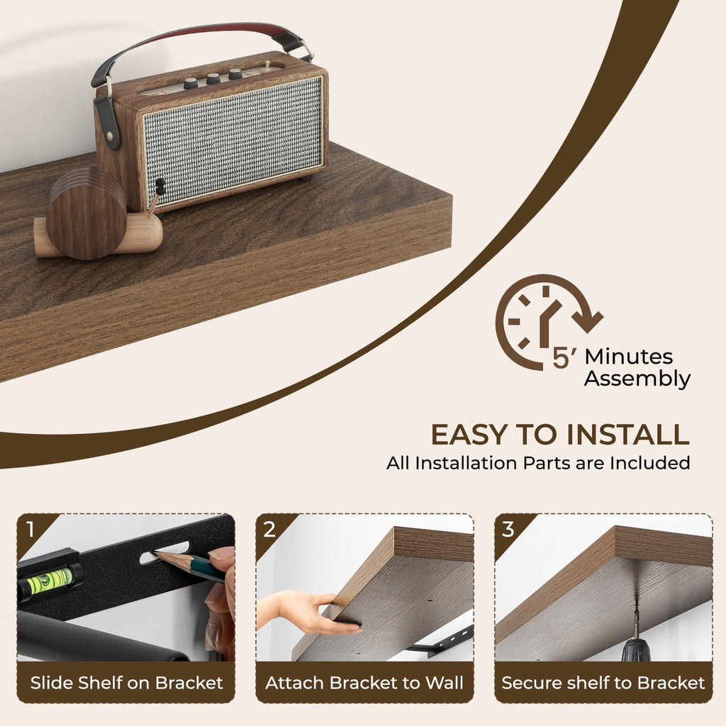36Inch Floating Shelves for Wall 2Pack, Walnut, 8" Deep