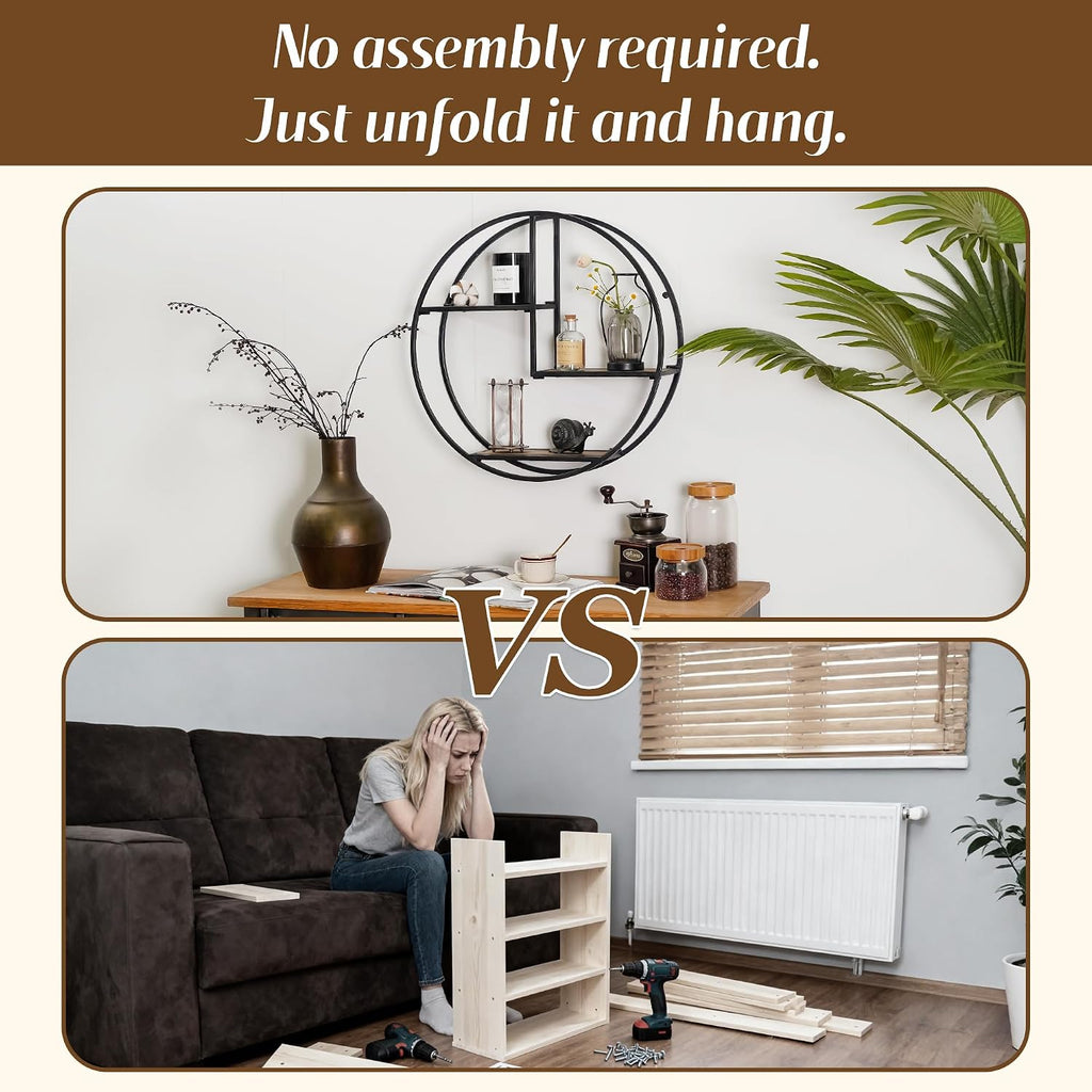 3 Tier Industrial Style Foldable Circle Wall Shelves | 21" x 21", no assembly required, foldable wall mounted shelves