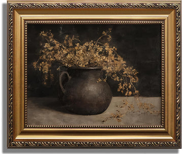 Vintage Gold Framed Floral Wall Art, Dark Moody Still Life Floral Canvas, Rustic Farmhouse Botanical Yellow Flower