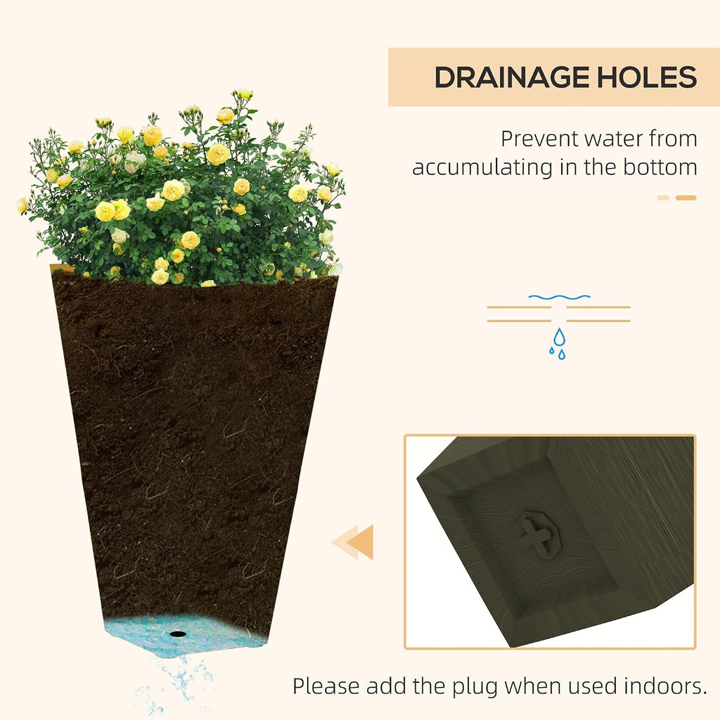 Outdoor Planters,Set of 3 Taper Planters with Drainage Holes and Plug,Faux Wood Flower Pots for