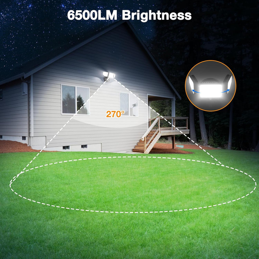 65W Dusk to Dawn Flood Lights Outdoor, 6500LM LED Outdoor Light, IP65 Waterproof, 6500K Daylight, 3 Adjustable Heads
