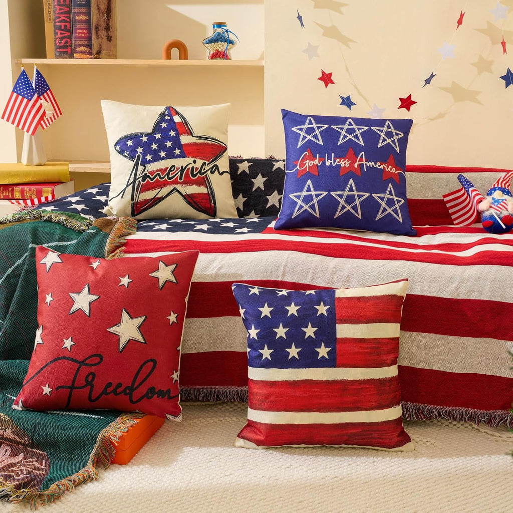 Patriotic Decor-Throw Pillow Covers 18x18 in Set of 4,4th of July Linen Pillow Case for Independence Day,Memorial