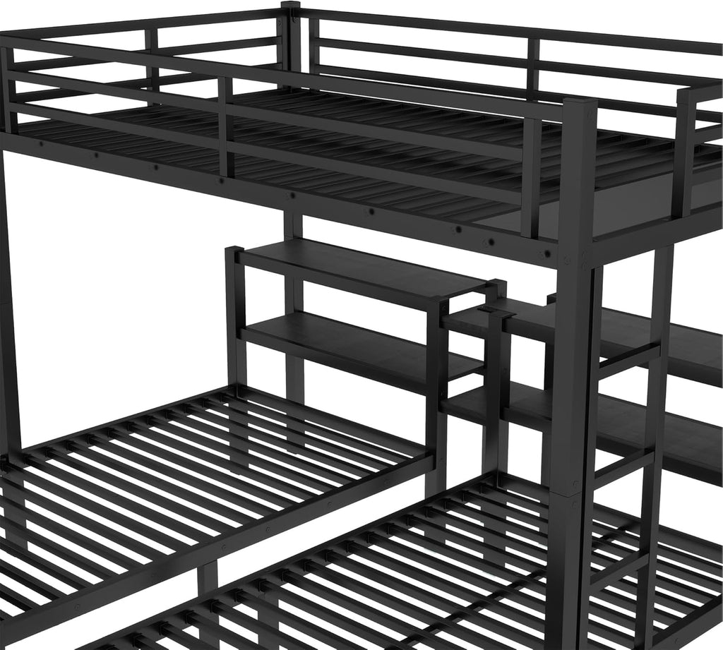 Full XL Over Twin Over Twin Triple Bunk Beds with Storage Drawers, Shelves