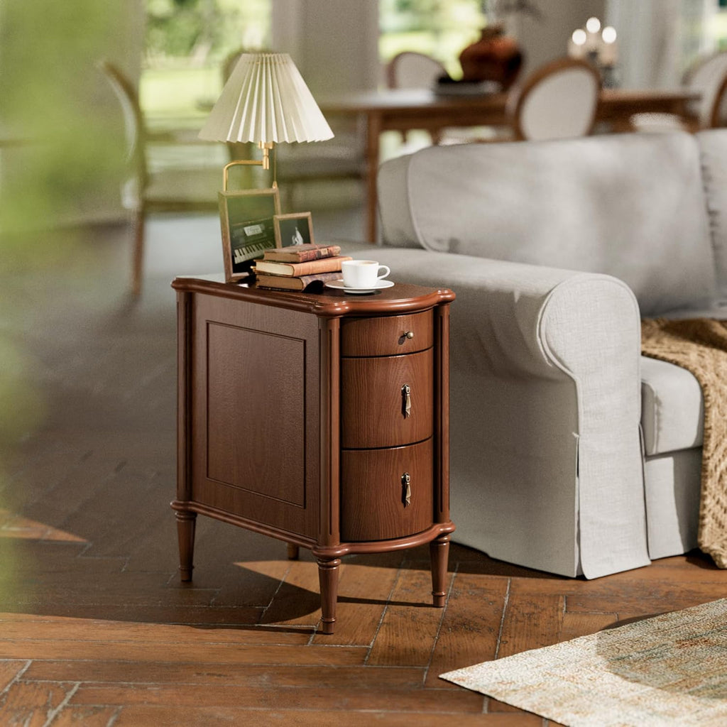 Nightstand w/Charging Station & 3 Drawers, Pre-Assembled, Vintage Side Table w/Antique-Finished Pulls, Rustic Wood