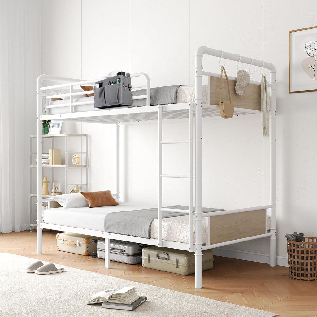 Metal Bunk Bed Twin Over Twin, Industrial Bunkbeds Heavy Duty Bed with Safety Guard Rails and Space-Saving Design