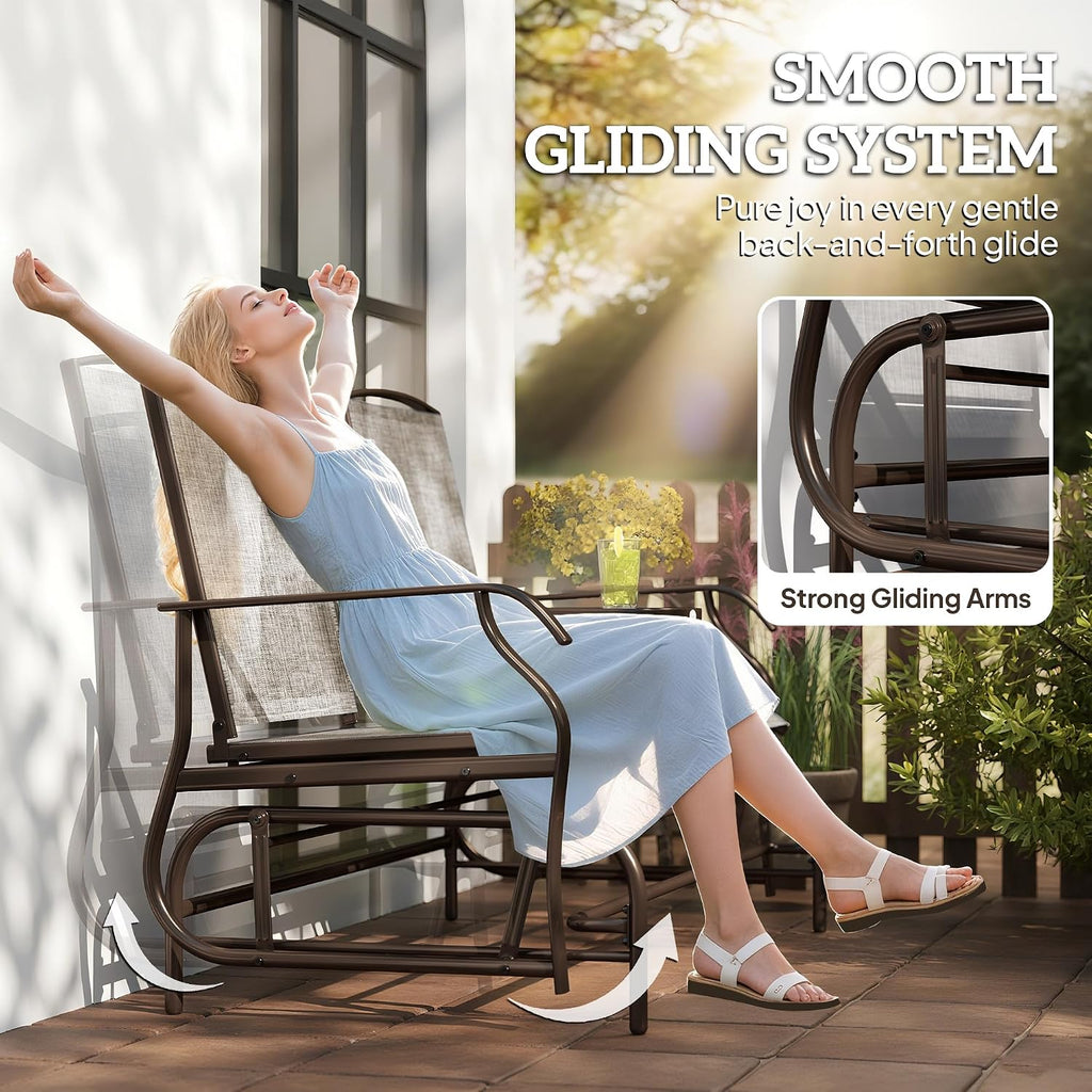Outdoor Glider Bench with Center Table Metal Frame Armrests Brown | Patio Loveseat, Breathable Mesh Fabric, for