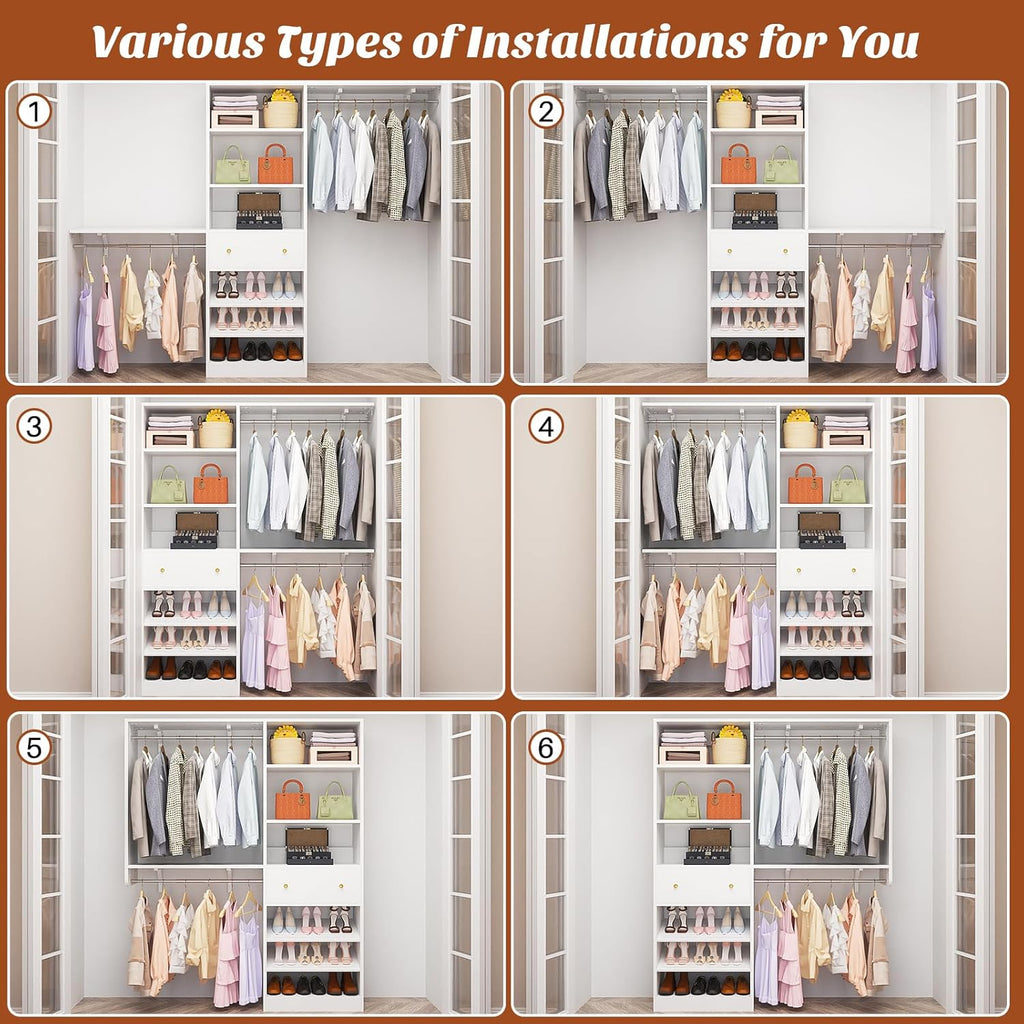 [10 FT Closet System] 120 Inch Reversible Set of 2 Wood Closet Organizer System with 2 Drawers, 4 Hanging Rods