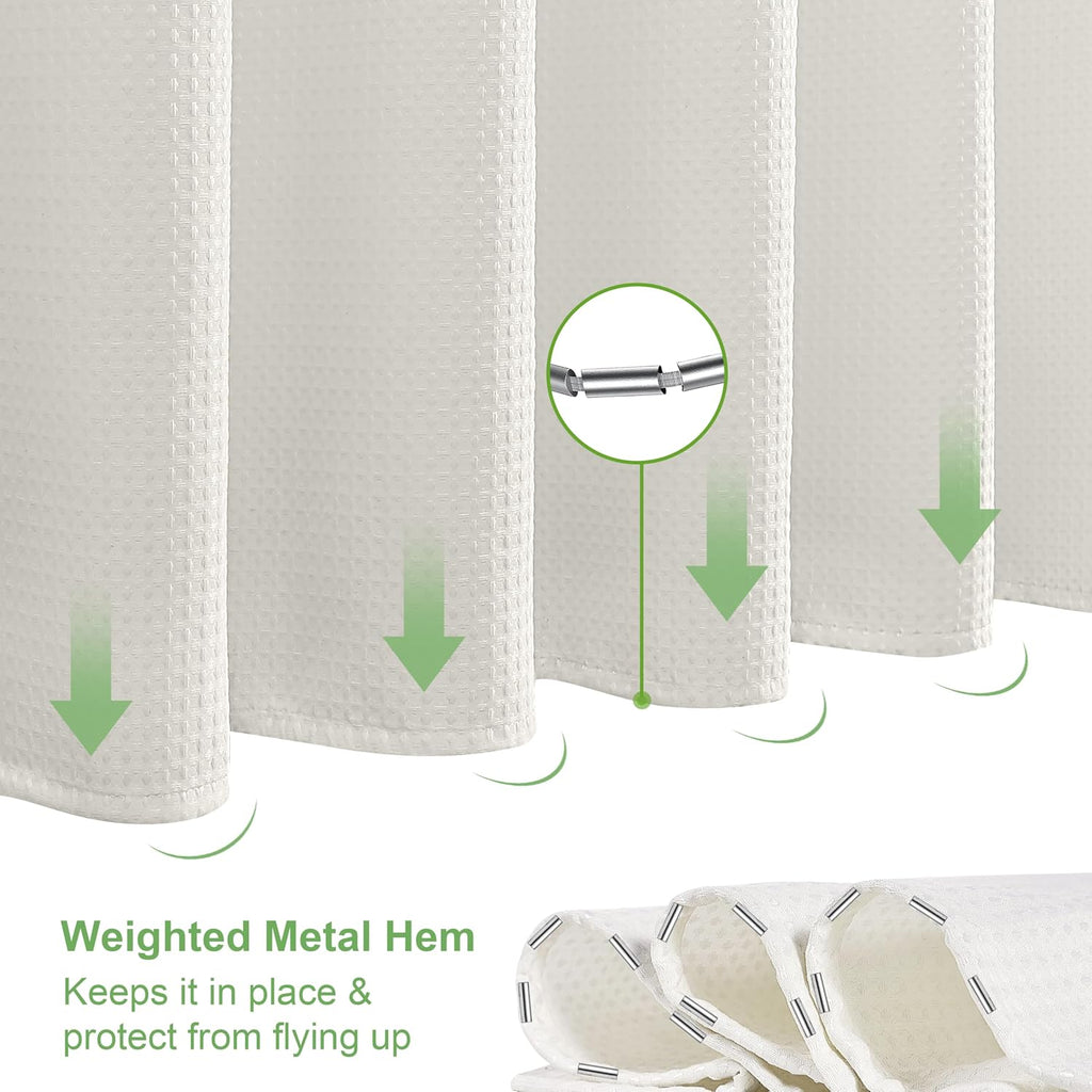 Waffle Weave Shower Curtain with Stainless Steel Hooks - 230 GSM Heavy Duty Fabric Bath Curtains, Hotel Luxury