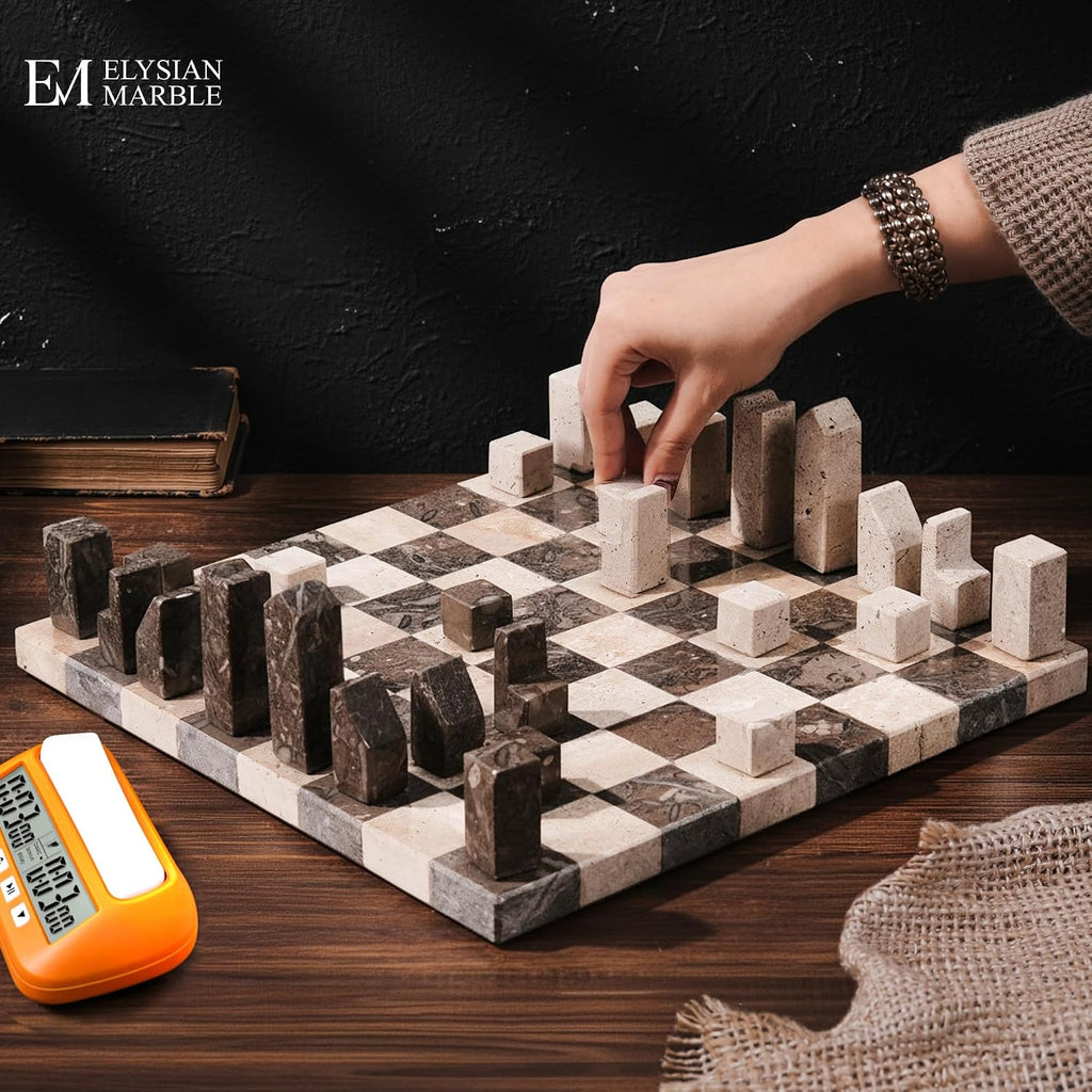 Modern Chess Set - Handcrafted Borderless Marble Chess Board with Minimalist Geometric Pieces, Luxury Decorative