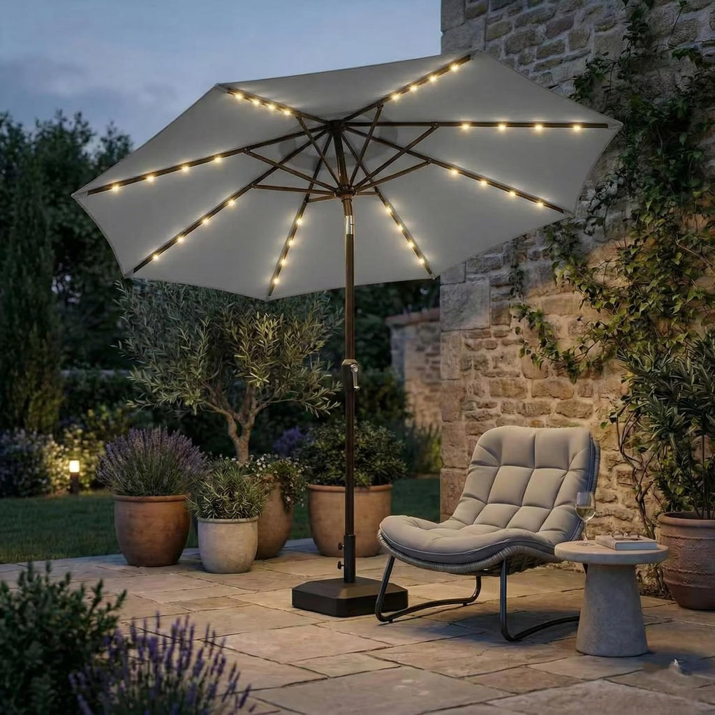 9FT Outdoor Patio Umbrella with Solar Lights, Market Table Umbrella with Push Button Tilt & Crank, 8 Sturdy Ribs