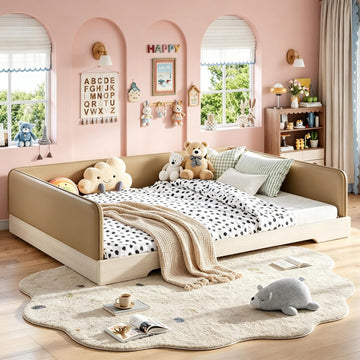 Kids Upholstered Low Bed Frame with Removable Guardrails, Montessori Floor Bed & Kids Daybed for Boys Girls, Queen