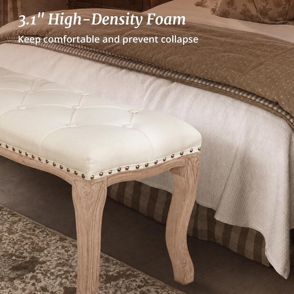 Bedroom Bench, French Vintage Tufted Entryway Bench, 45.2" Carving Upholstered End of Bed Bench with Distressed Wood