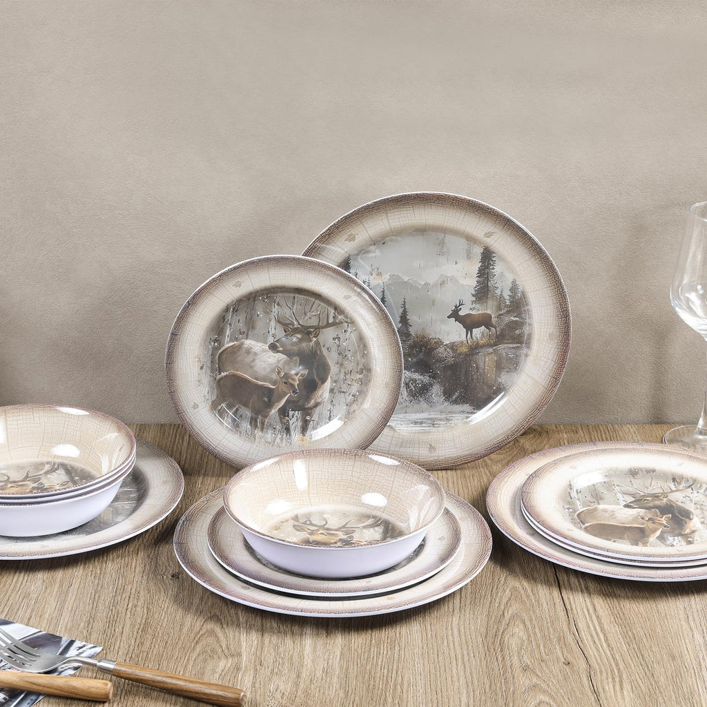 Melamine Dinnerware set for 4-12 PCS Deer Dinner Plates Bowls Set