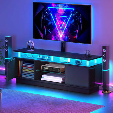 TV Stand with Mount for 75/70/65 inch TV, Entertainment Center with Storage, Modern LED TV Stand w/Power Outlets for Living Room, TV Console Media Cabinet, Black