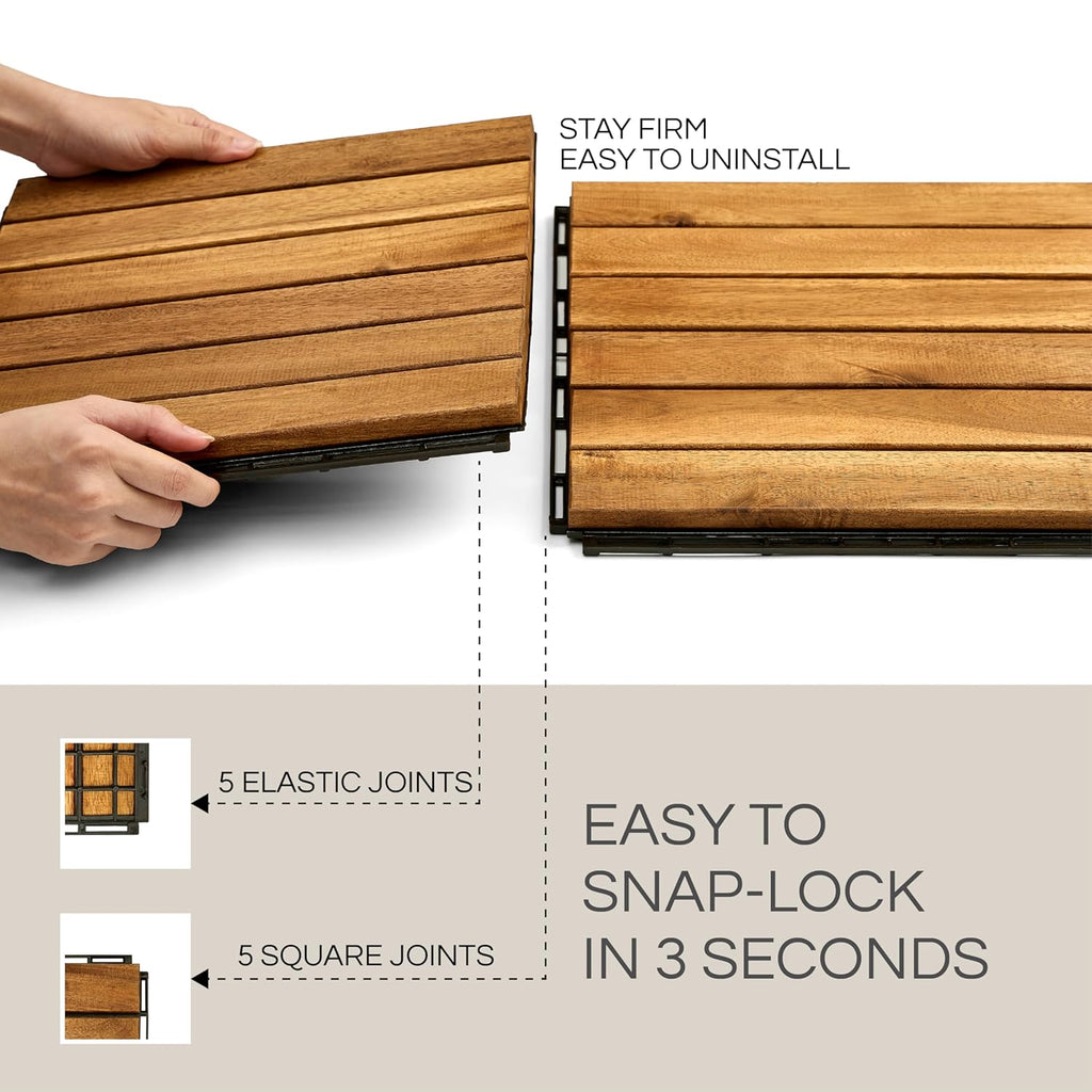 Premium Deck Tiles, Patio Flooring - Set 10 Pcs 12”x12”x0.9” Interlocking Deck Tiles, Waterproof Acacia Wood for