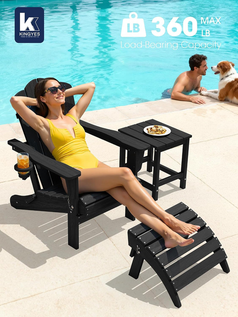 Folding Adirondack Chair, All-Weather HDPE Material, Black, 8 Pack | Wooden Textured Lawn Chair Patio Chairs for
