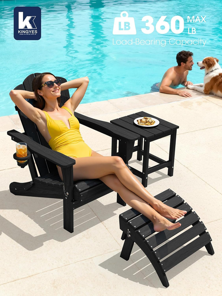 Folding Adirondack Chair, All-Weather HDPE Material, Black, 2 Pack | Wooden Textured Lawn Chair Patio Chairs for