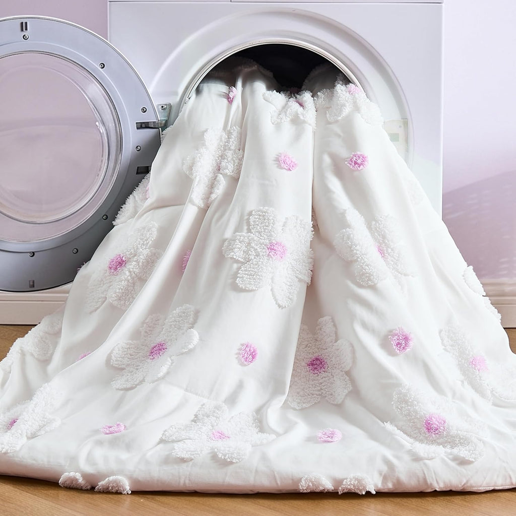 Comforter Set for Girls 3 Pieces Soft Pink Tufted Daisies Flowers Bedding Set Bed in A Bag Cute Floral Comforter