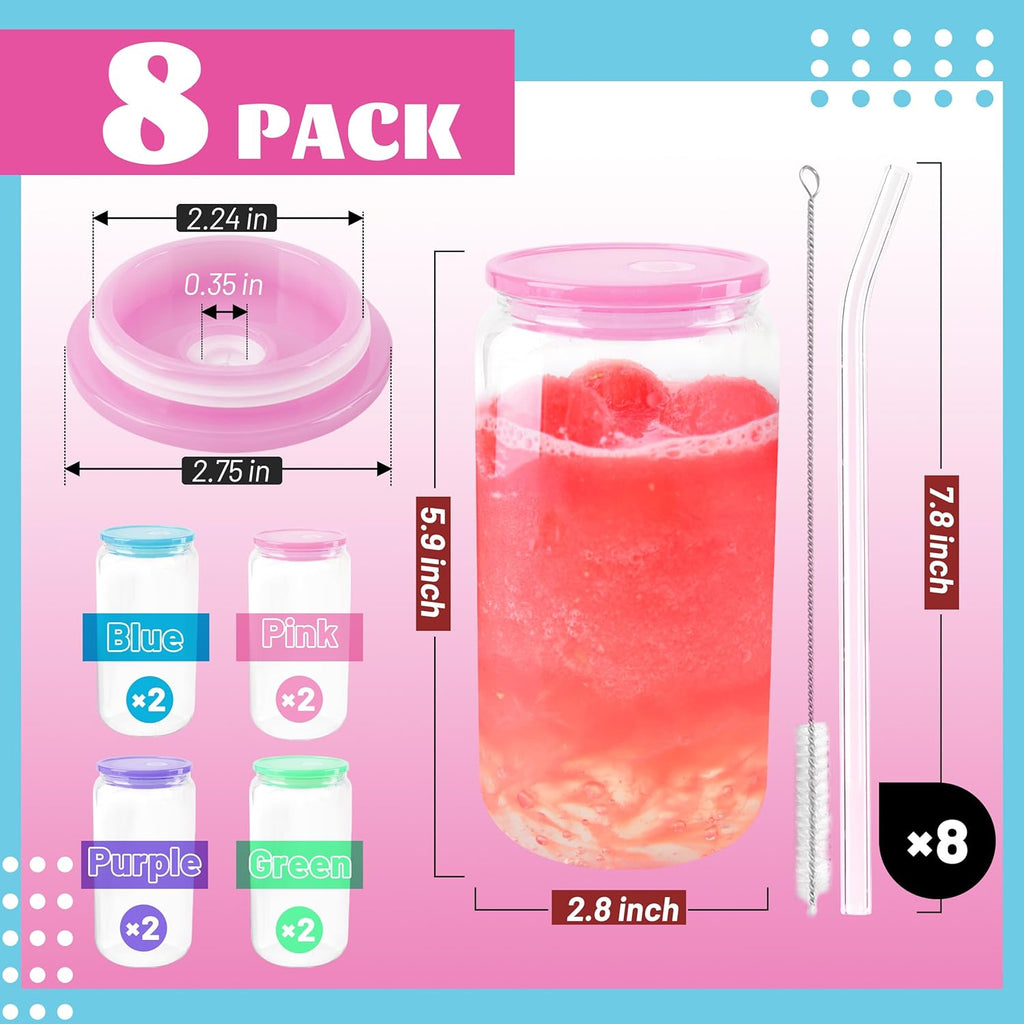 8pcs 16 oz Glass Cups with Acrylic Lids and Straws Can Shaped Iced Coffee Glasses Cute Tumbler Set Drinking Jars for