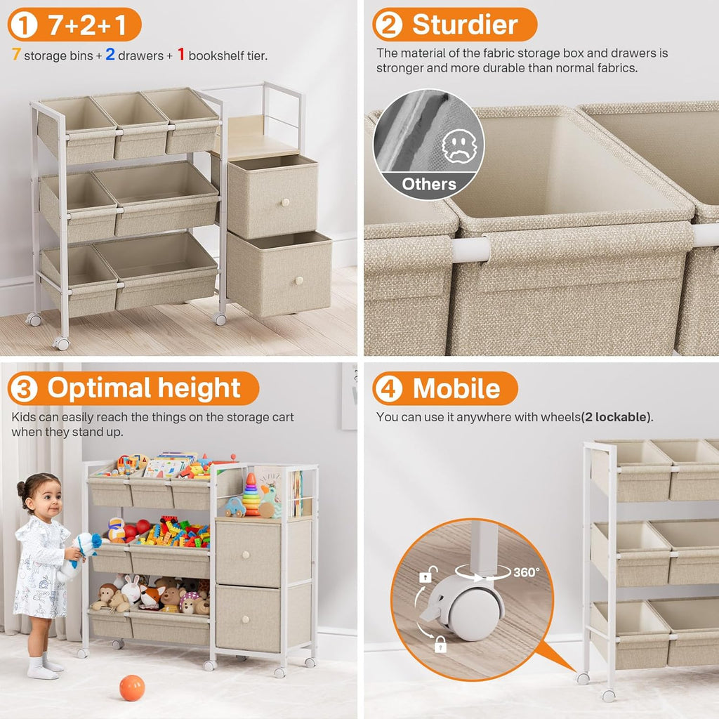 Kids Toy Organizers and Storage Bins, Off White | 7 Storage Bins + 2 Fabric Drawers + 1 Bookshelf, Playroom Storage