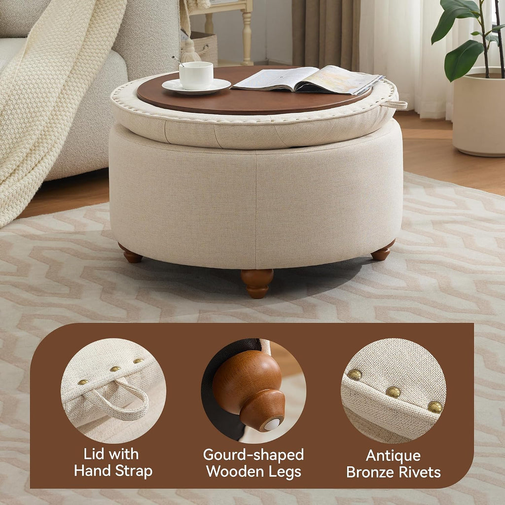 30Inch Round Storage Ottoman with Tray, Modern Tufted Fabric Circle Coffee Table with Storage, Upholstered Ottoman