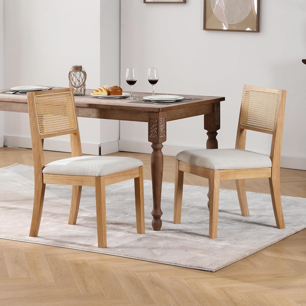 Rattan Dining Chairs Set of 4, Farmhouse Natural Dining Room Chairs with Upholstered Cushion and Solid Wood Frame, Armless Kitchen Chairs