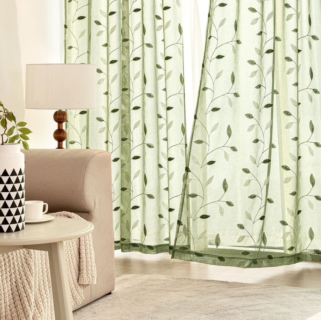 Sage Green Sheer Curtains 2 Panels Leaf Patterned, W52 x L96