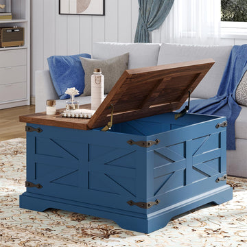 Blue Coffee Table with Storage, Farmhouse Square Center Table with Walnut Top, Hinged Lift Soft Close, Large Hidden