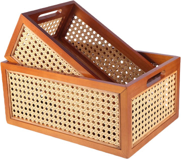 Rattan Storage Baskets Set, Wooden Frame with Woven Cane Design, Nesting Organizer Bins Bedroom Bathroom Kitchen