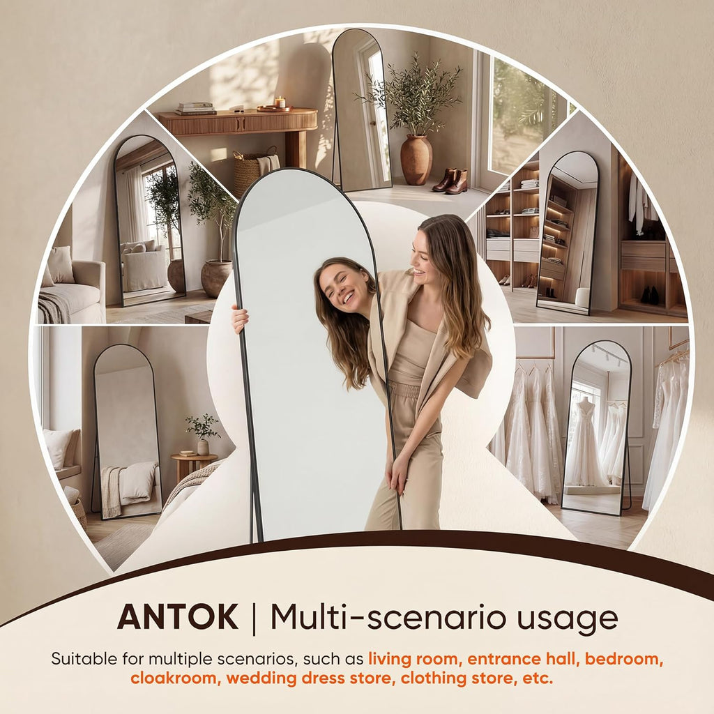 71" x28” Arched Full Length Floor Mirror, Black Aluminum Frame, Free Standing/Wall Mount/Leaning , Dressing Room